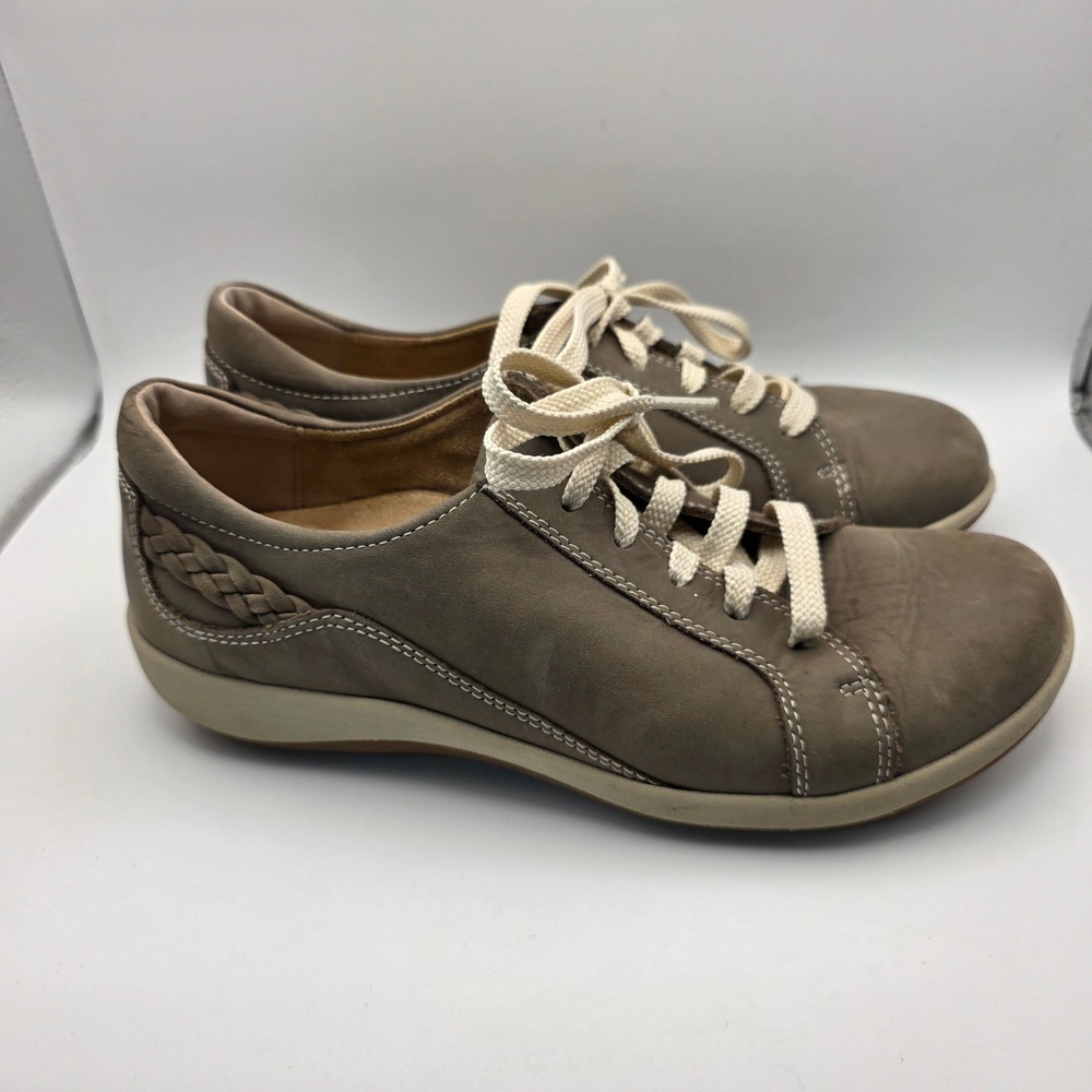 Aetrex DM306 Womens 7 Taupe Brown Leather Braided Comfort Walking Sneakers Shoe